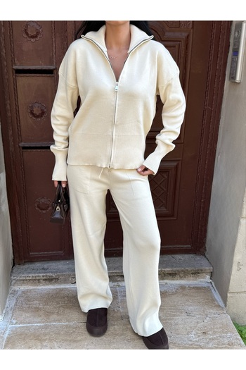 LB Laluna Butik Women's Zippered Cardigan and Pants Knitwear Set
