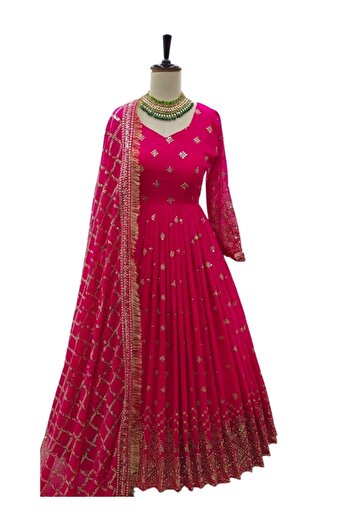 MYSMAR Neon Pink Faux Georgette Gown - HRT2060 | Neon Pink