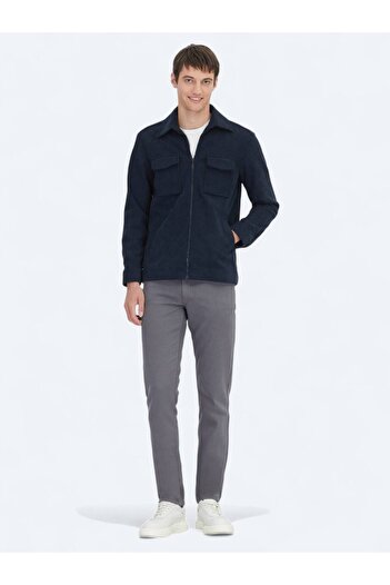 Kip Navy Blue Striped Relaxed Fit Woven Velvet Overshirt