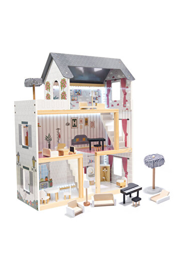 SERSIMO Large wooden dollhouse with 3 floors 4 rooms terrace, furniture and LED lighting, 62x27x78 cm white