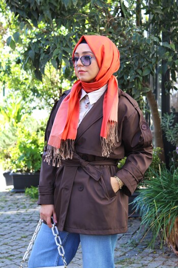 Tuğba Sarı Tied Brown Women's Trench Coat