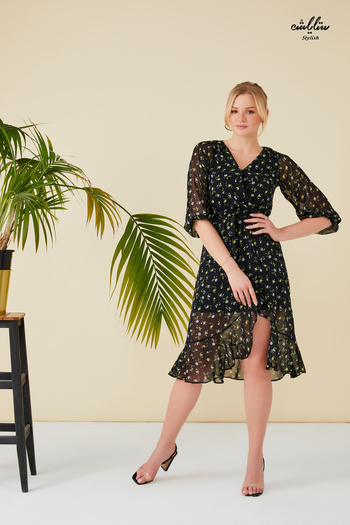 Stylish Short black floral dress with a soft wrap design