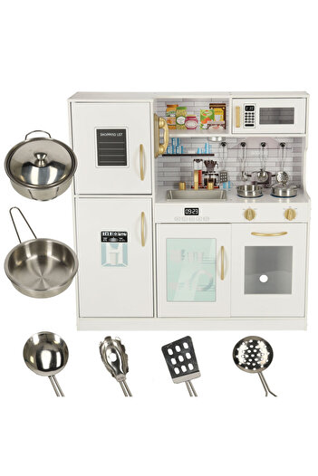 SERSIMO Wooden children's kitchen with refrigerator, accessories and graphic appliances, 80x24x80 cm, white