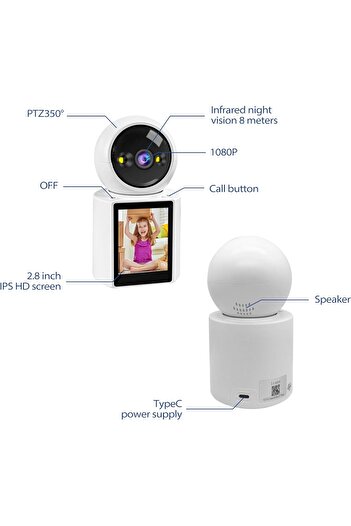 Generic Security Camera i 360°, Night Vision, With Live Video Calling & Recording, Smart Portable LCD Displ