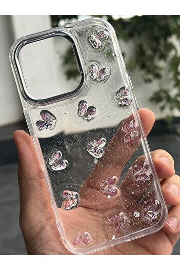 EDELFU iPhone 15 Pro Max - Butterfly Pink Glitter Transparent Flashy Silicone Phone Case