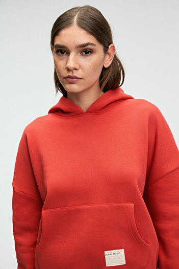 GRIMELANGE Clarie Women's Organic Cotton Oversize Kangaroo Pocket Hooded Red Sweatshirt