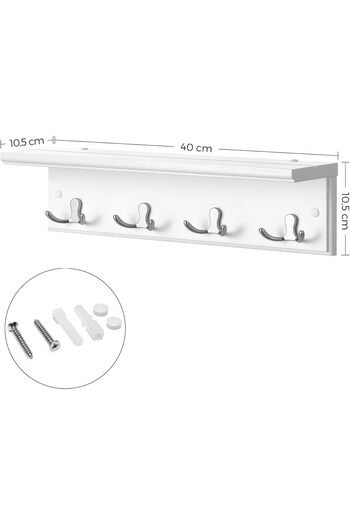 SONGMICS Wall coat rack with shelf, 4 double metal hooks, MDF, 42x11x15 cm, white