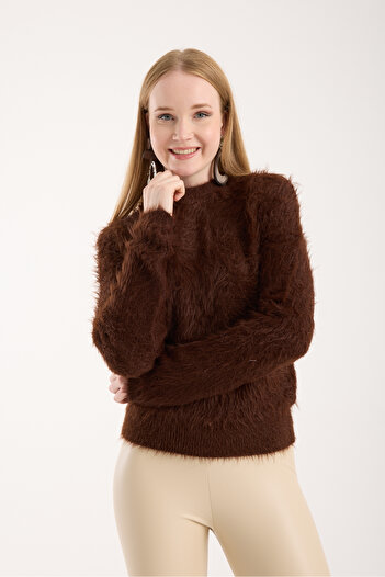 Moda Days Women's Bitter Brown Beard Yarn Crew Neck Knitwear Sweater