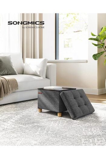 SONGMICS Folding Storage Stool with Wooden Legs, Linen Fabric Upholstered, 40x32x34 cm, Dark Gray