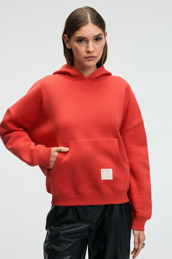 GRIMELANGE Clarie Women's Organic Cotton Oversize Kangaroo Pocket Hooded Red Sweatshirt