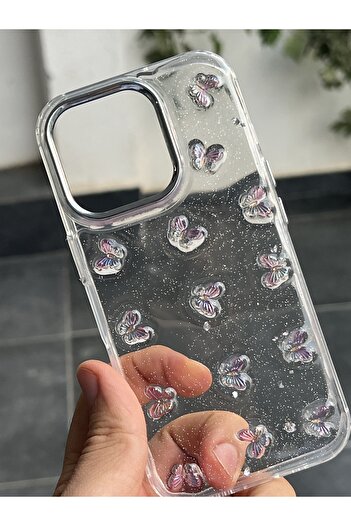 EDELFU iPhone 15 Pro Max - Butterfly Pink Glitter Transparent Flashy Silicone Phone Case