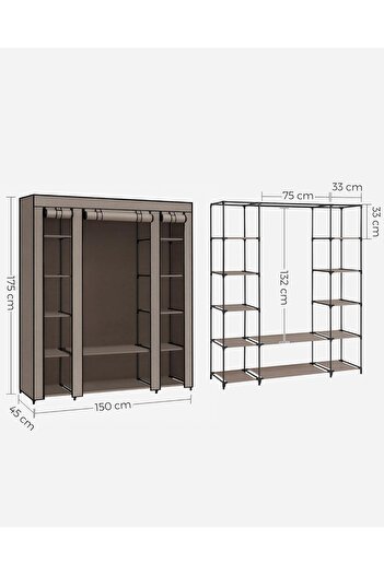 SONGMICS Fabric Wardrobe, Portable Wardrobe, with Shelves and Hanging Rail, 150x45x175cm, Taupe