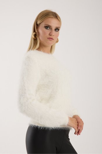 Moda Days Women's Ecru Beard Yarn Crew Neck Knitwear Sweater