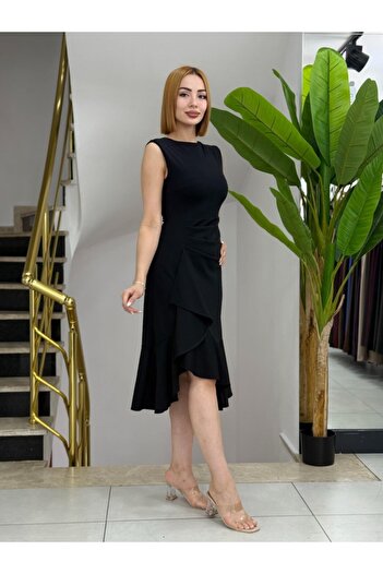 Wear Up Women's Zero Sleeve Waist Gathered Skirt Flounced Asymmetrical Cut Midi Janjan Crepe Dress