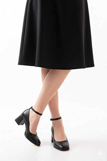 İZCE MODA Women's Platform Heels, Black Leather, Heel Height Seven Centimeters