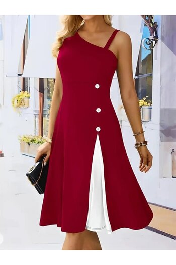 Wear Up Women's One Shoulder Stripe Detail Sleeveless Side Button Detail Janjan Crepe Dress