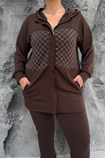 AYASOFYA OTANTIK Women's Brown Sequin Embroidered Hooded Zipper Closure Jacket Elastic Waist Pants Plus Size Set