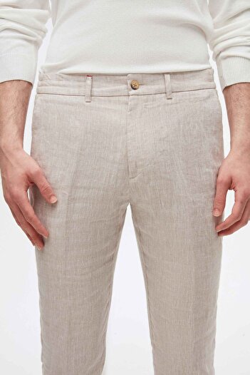 D'S Damat Ds Damat Slim Fit Beige Plain 100% Linen Jogger Pants