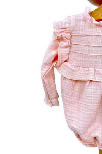 Dumledo Ruffle Detailed Baby Girl Pink Muslin Bodysuit Jumpsuit