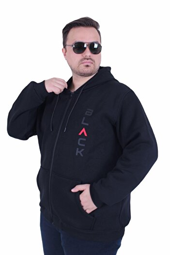 Starbattal Large Size Hooded Zippered 3Ip Sweat Black 25716 Black