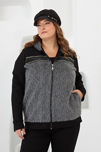 Imagine Giyim Women's Cashmere Garnished Stone Embellished Fur Plus Size Cardigan