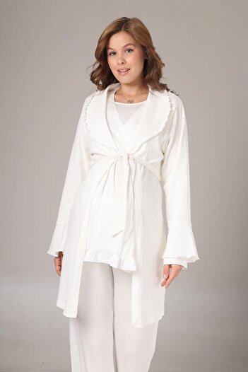 Lohussa Women's Ecru Jacquard Shawl Collar Special Design Maternity Pajama Set