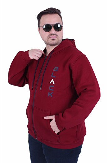 Starbattal Large Size Hooded Zippered 3Ip Sweat Black 25716 Murdum