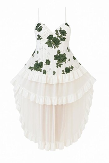 Nice Model Elegant Spaghetti Strap Floral Nightie Asymmetrical Hem Layered Sleepwear Dress