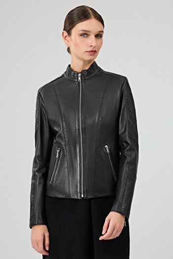 Derimod Delano Women's Black Short Leather Jacket 25Wgd5321Ve