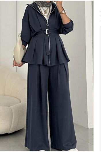 New Lune Women's Top and Bottom Set Anthracite Dress Fabric, Casual, Office, Combination 100% Cotton Pants Blouse