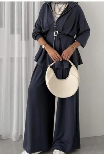 New Lune Women's Top and Bottom Set Anthracite Dress Fabric, Casual, Office, Combination 100% Cotton Pants Blouse