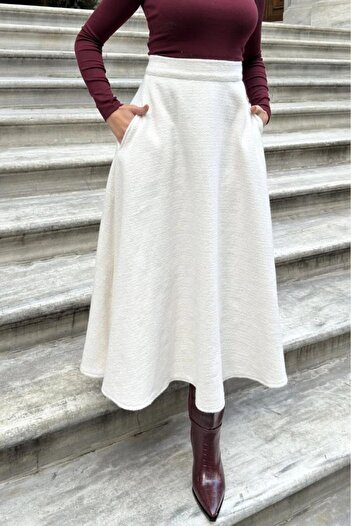 Pasaklı Giyim Women's Ecru Winter Crumpled Cashmere Skirt, with Pockets, High Waist, Long, Kilos 3528275