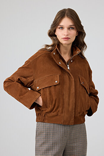 Derimod Anita Women's Brown Oversize Short Suede Leather Coat 25Wgd53301B