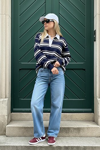 CHUBA Women's Polo Neck Striped Buttoned Knitwear Sweater Rugby Shirt Navy Blue-White 26W3036