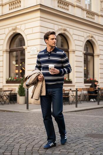 CHUBA Men's Polo Neck Buttoned Striped Knitwear Sweater Navy Blue-White 26W2015
