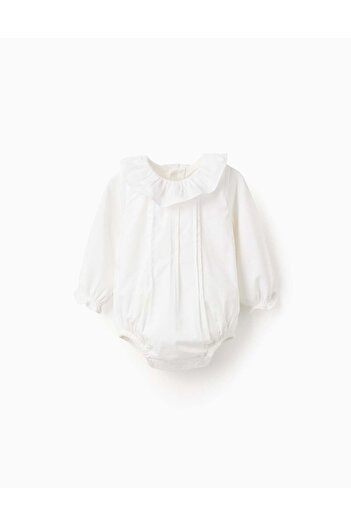 Ziddy Bodysuit with Pleated Detail and Frill Collar for Newborns, White