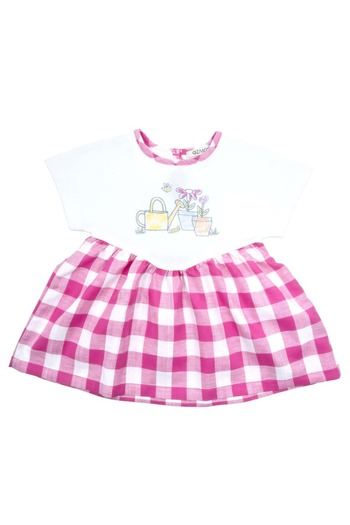 Ozmoz By Mukadder Özden White Summer Baby Girl Dress with Short Sleeves and Pink Plaid Skirt