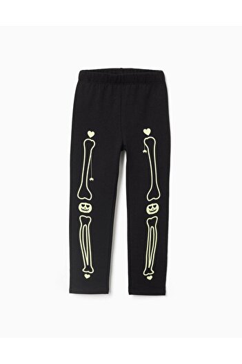 Ziddy Brushed leggings with glow-in-the-dark print for girls, black