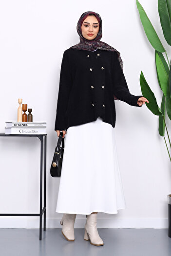 İmajButik Black Heart Button Detailed Angora Soft Knitwear Cardigan
