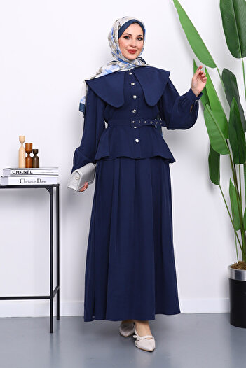 İmajButik Navy Blue Collar Detailed Shirt Skirt Suit