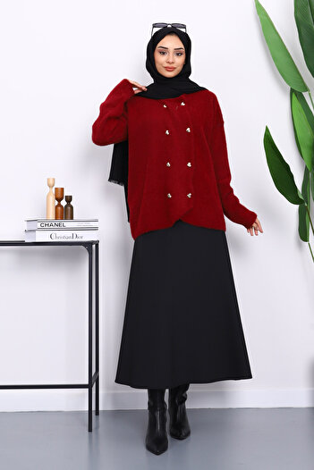 İmajButik Burgundy Heart Button Detailed Angora Soft Knitwear Cardigan