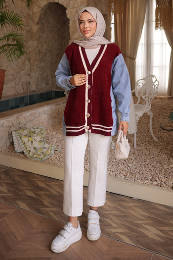 İmajButik Burgundy Denim Trimmed Soft Knit Cardigan
