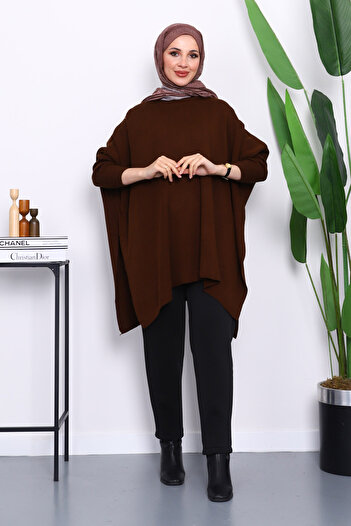 İmajButik Brown Batwing Sleeve Poncho Knitwear Tunic