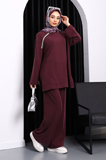 İmajButik Modal Suit with Plum Stone Detailed Tunic and Pants