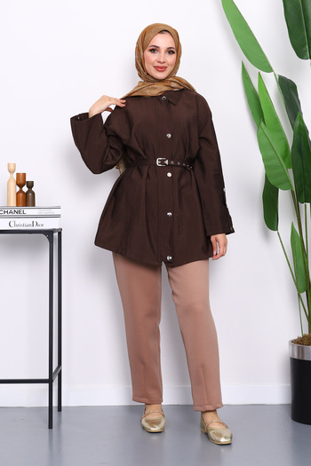 İmajButik Brown Snap Button Zippered Tunic