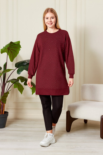 Birol Triko Women's Burgundy Slit Tunic with Crystal Stone Accessories