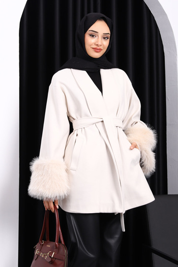 İmajButik Beige Waist Belted Double Pocket Cashmere Coat