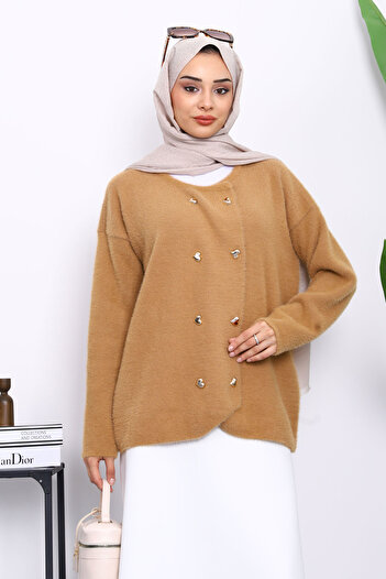 İmajButik Biscuit Heart Button Detailed Angora Soft Knit Cardigan