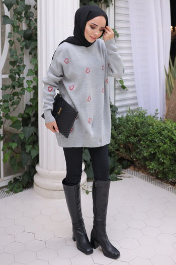 İmajButik Gray Heart Embroidered Knitwear Sweater