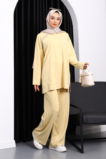 İmajButik Modal Suit with Yellow Stone Detailed Tunic and Trousers